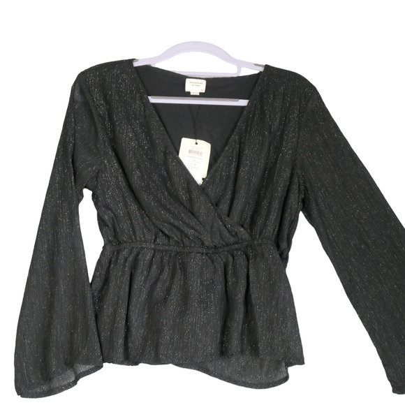 NEW Jacqueline de Yong Blouse Womens Size 4 Black Metallic Faux Wrap Shimmer - Picture 1 of 9